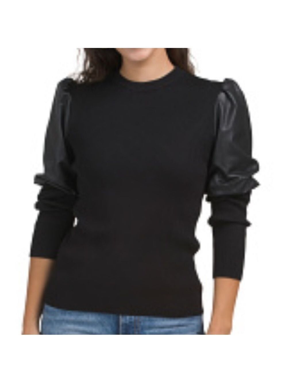 SIONI Milano Black Sweater with Faux Leather Sleeves size large